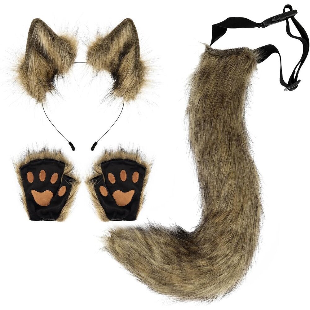 Faux Fur Wolf Ears Headband Fox Tail Paws Costume Set for Halloween Party
